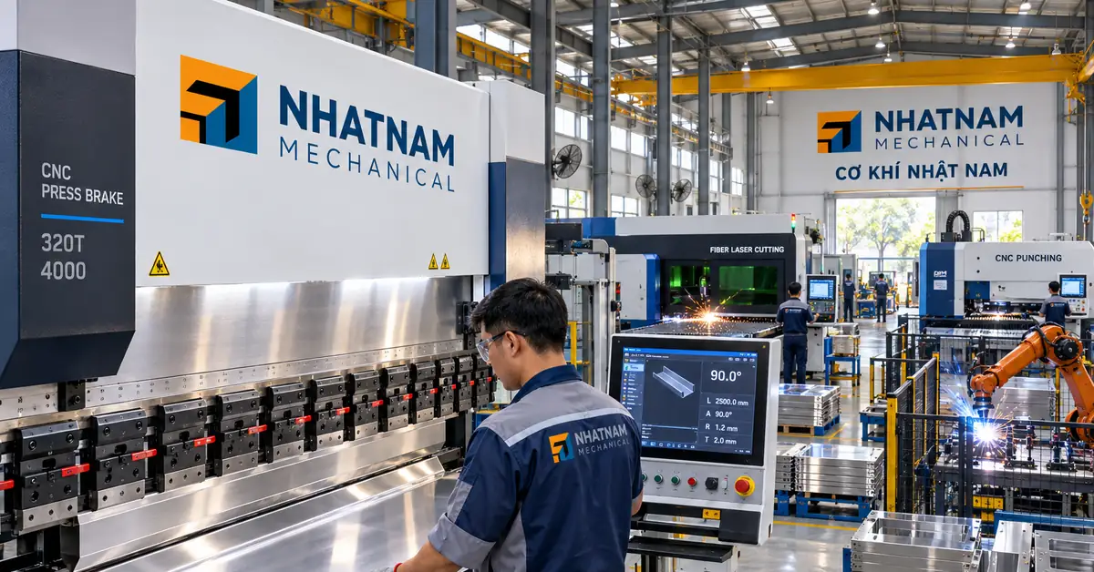 Tổng quan xưởng gia công kim loại tấm công nghệ cao của Cơ Khí Nhật Nam với máy chấn CNC và các thiết bị hiện đại khác.