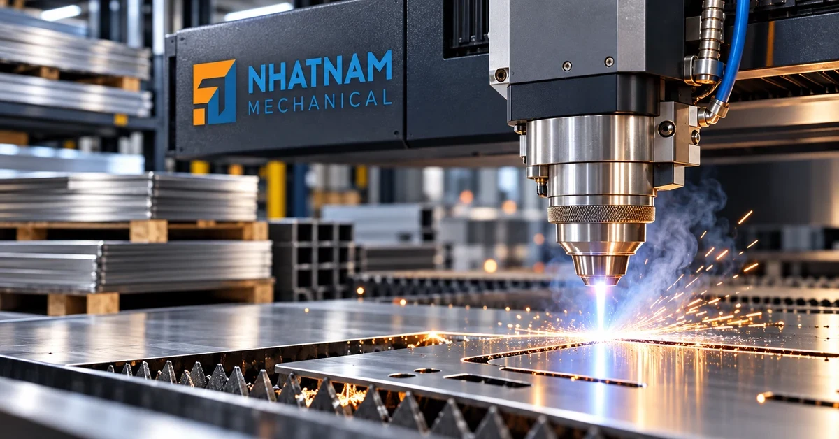 Máy cắt laser Fiber hiện đại đang cắt kim loại tấm với khí trợ lực cắt laser