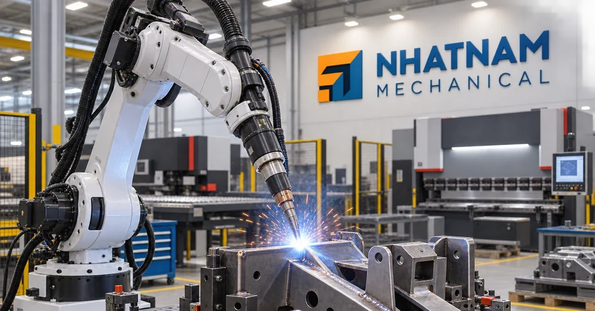 Robot hàn 6 trục đang gia công chi tiết kim loại phức tạp tại nhà máy Cơ Khí Nhật Nam